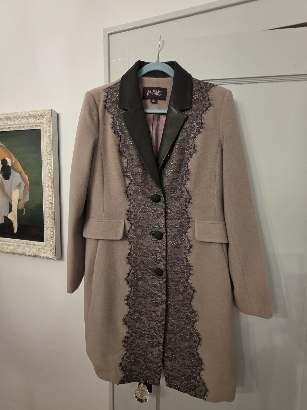 Badgley Mischka Taupe Lace-Trim Coat